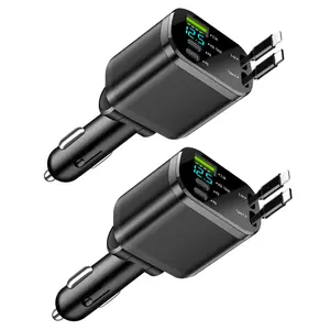 [2 Pack] Retractable PD Car Charger , 66W USB C Car Charger Adapter, 5-In-1 Extensible Car Charger, 2X Retractable Charger Cords and 3X USB Ports, Fast Charging for iPhone i Phone 17/16/15/14, for Samsung S25/S24