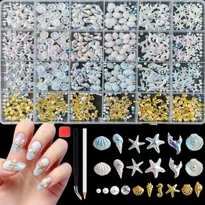 1Box Y2K Gold Shell Seahorse Mini Thin Copper Flakes Nail Charms 3D Shiny Starfish Fishtail Ocean Series Nail Art Supplies Nail Decorations with Tools DIY Summer Vacation & Beach Nails Ornaments