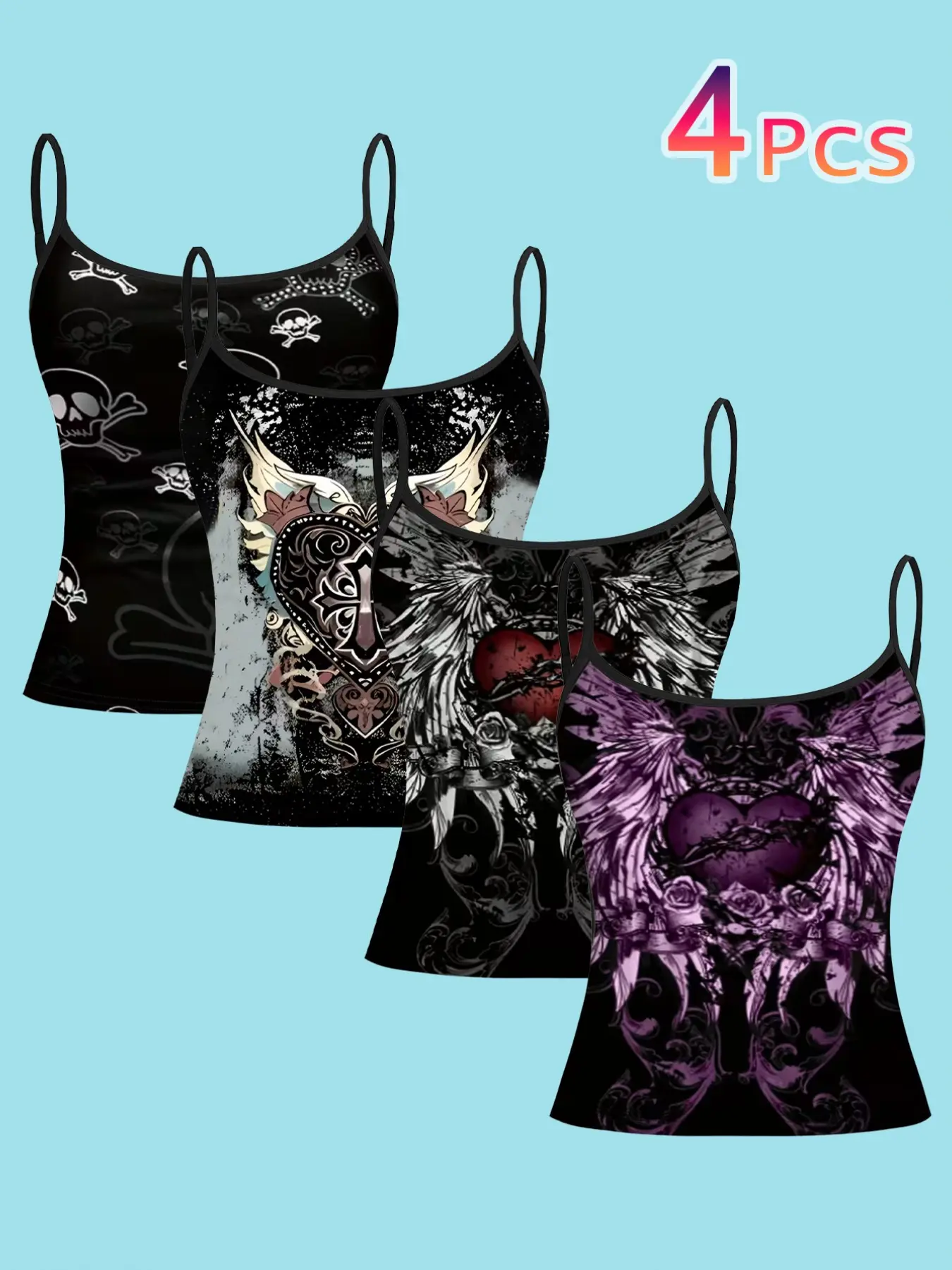 4 Piece Set Dark Punk Style Strapless Vest Tops, Skull Heart Wings Print Slim Fit Sleeveless, Casual Outerwear Inner Layer, Spaghetti Strap, Casual Summer Sleeveless