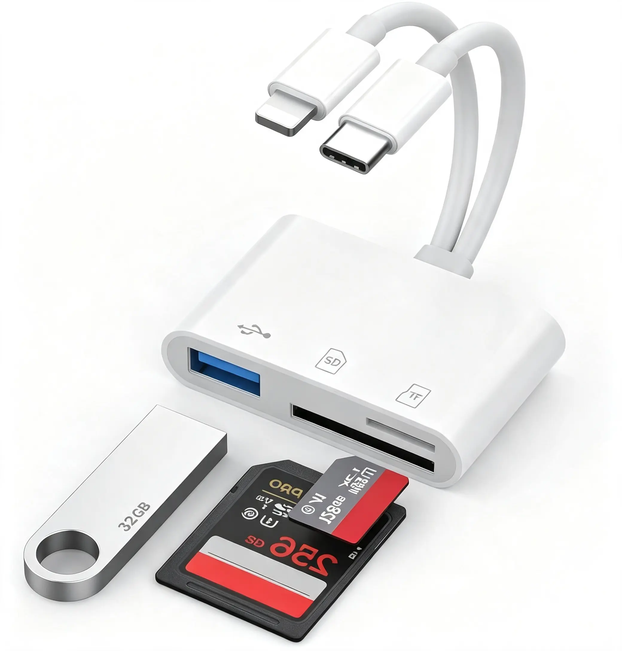 Lightning & USB C SD Card Reader, 3 in 2 Multi Card Reader Adapter, Supports SD TF Card & USB Flash Drive, Plug and Play Camera Photo Transfer for iPhone 5-14, iPhone 15 Series, Android, iPad