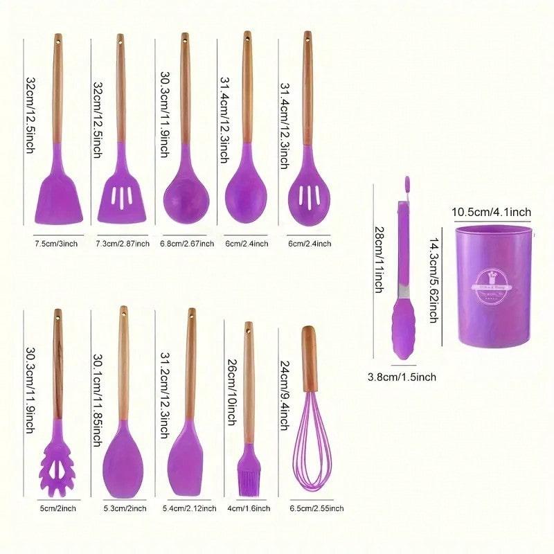 TAIMASI [Non-Stick Utensil Set] 12pcs Non-Stick Silicone Kitchen Utensil Set With Wooden Handles | Saf-E And Easy To Clean - Perfect For Cooking And Baking - Ideal For Back To School And Dorm Essentials