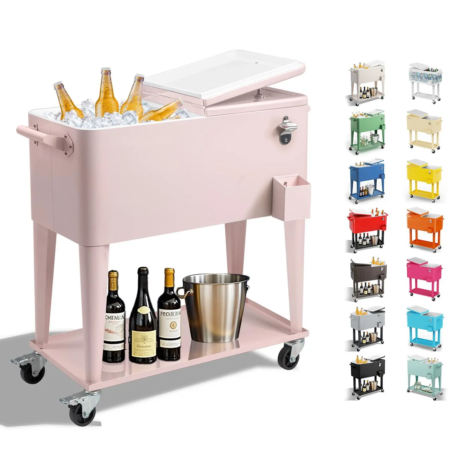 Outvita 80 Quart Patio Cooler Rolling Cooler Ice Chest with Shelf, Wheels and Bottle Opener, Portable Patio Party Drink Cooling Cart Summervibes