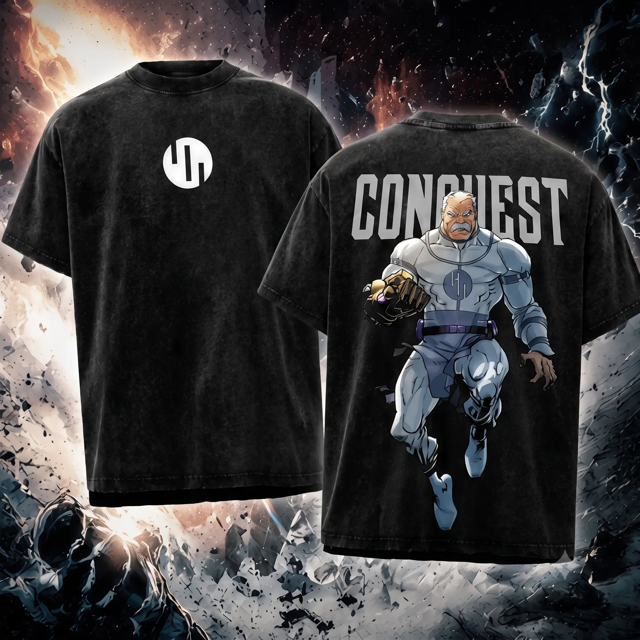 Vintage Washed Conquest x Invincible Anime Bold Graphics Menswear Cotton Crew Neck Shortsleeve T-Shirt - Double-Sided Print, Casual, Lightweight, Retro Streetwear Oversized, Breathable, Men's/Women's Comic Apparel, S-3XL, Cargo Pants Compatible Tops