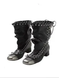 Women's Fashion Solid Color Lace-Up Above-The-Knee Boots, Zipper Design Daily Wear Shoes, Vintage Style Punk Motorcycle Boots, Ruched Boot