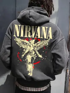 Nirvana Band Angel Print Hoodie, Vintage Washed Cotton Pullover, Fall & Winter Streetwear, Warm Skin-Friendly Fabric, Loose Fit Design