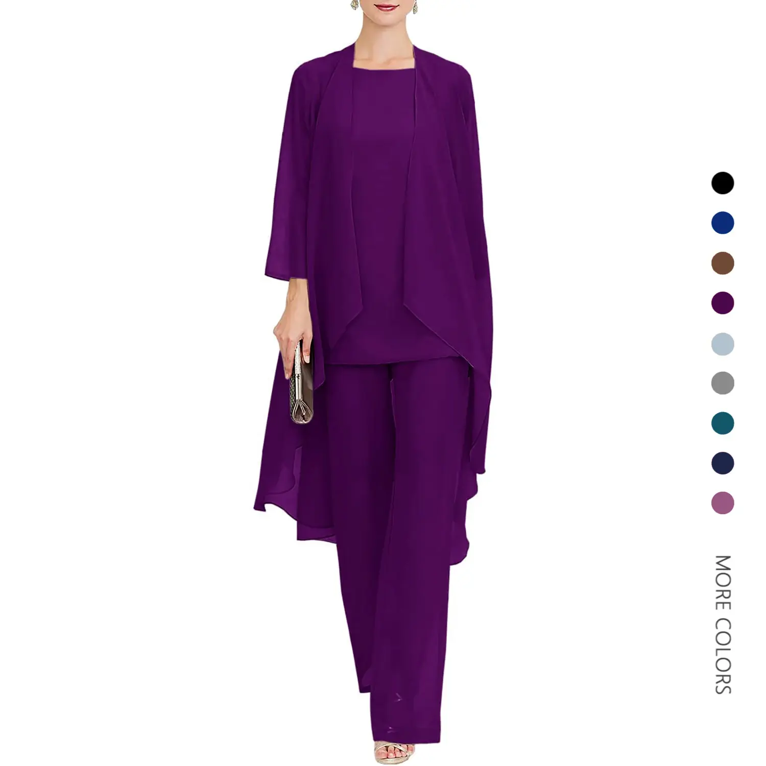 Danedvi Women's Pant Suit, Elegant 3-Piece Chic Chiffon Set with Loose-Fitting Cardigan for Mom of the Bride, Wedding, Cocktail Party