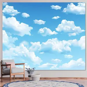 1PC Durable Decorative Tapestry - Sky Blue and White Clouds 2D Flat Polyester Cloth, Decorations Supplies, Reusable Home Bedroom Hanging Decor & Photography Live-Stream Background Curtain