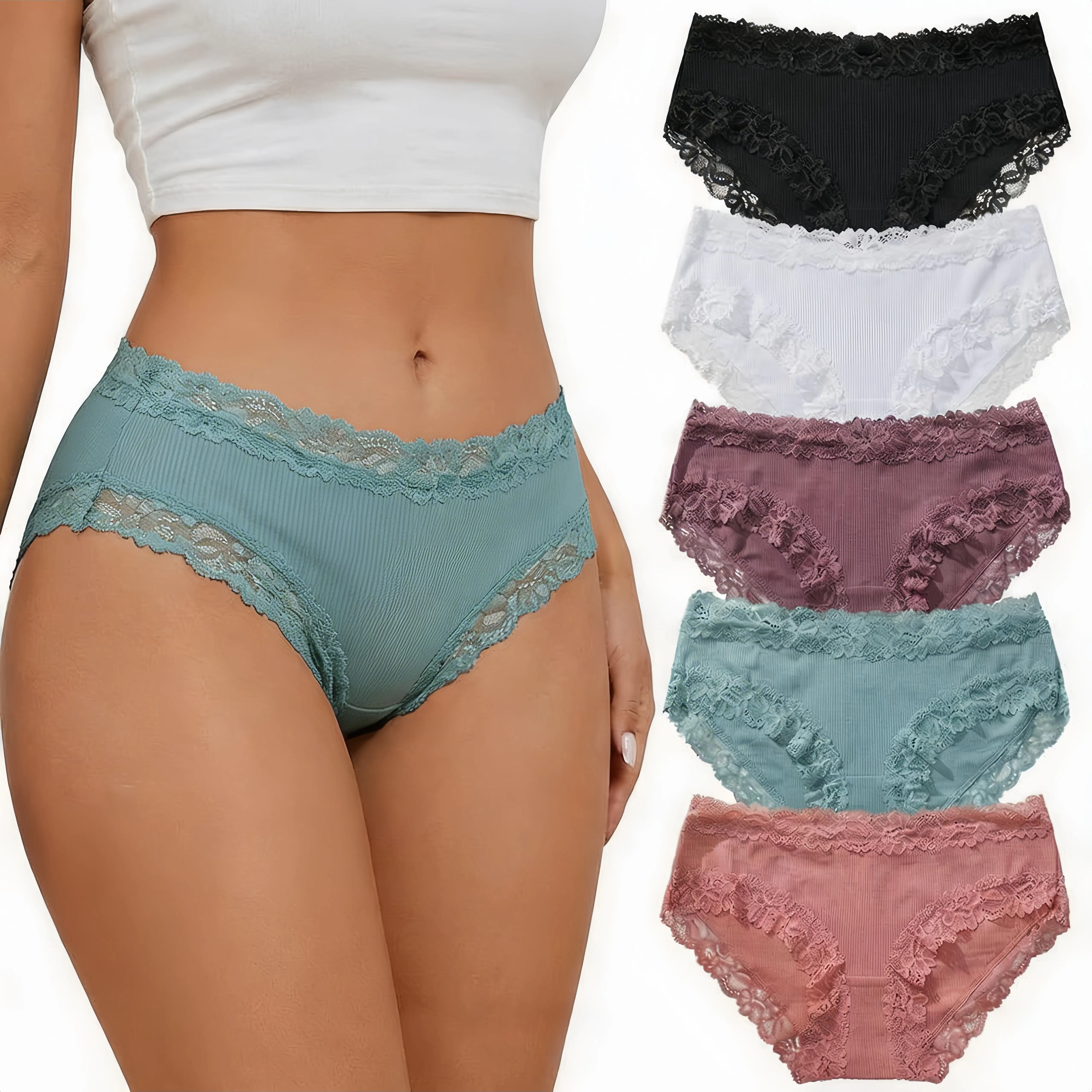 Women's 5-Pack Premium Cotton Low-Rise High Cut Briefs - Breathable Lacy Waist Plain Cheeky Bikini Underwear, Retro Design to Reduce Leg Friction, for Everyday & Holiday Wear