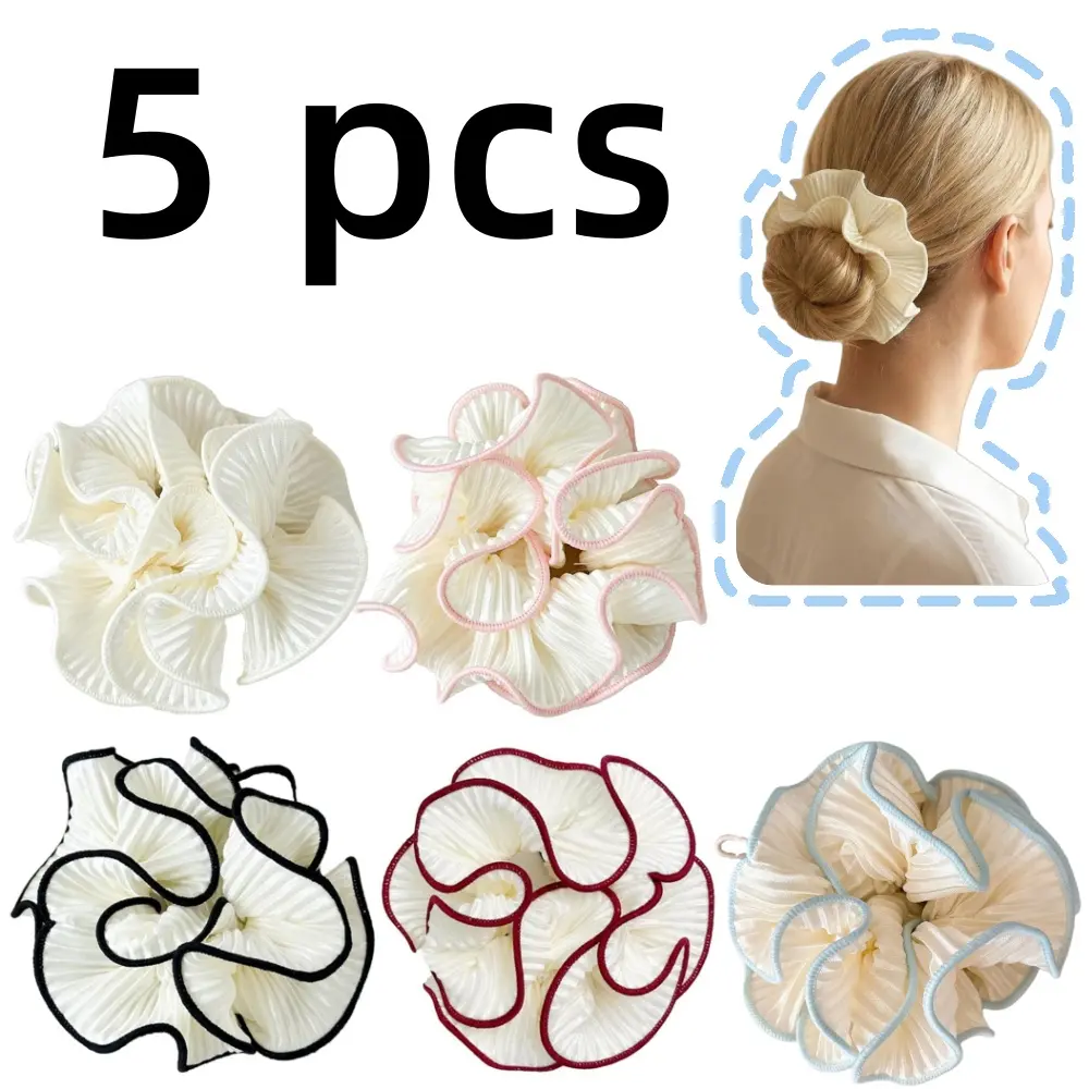 5 piece Double Layer Pleated Hairs Ties Elastic Hair Ties Satin Silk Hair Ties Oversized Puffy Hair Scrunchies for Women