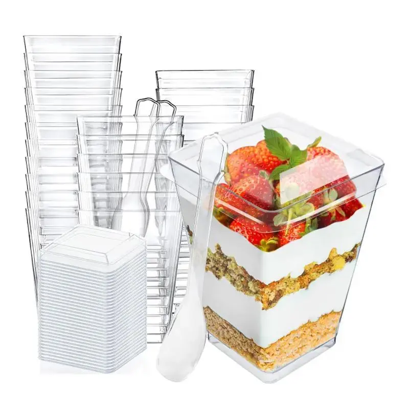 5oz Crystal Plastic Dessert Cups with Lids, Spoons & Pack - Disposable Square Parfait Cups for Mousse, Fruit Treats, Party & Catering Eco-Friendly Kitchenware