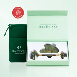 [PLANTIFIQUE Official Shop] Jade Roller and Gua Sha Facial Set – Face Roller & Gua Sha Tool for Jawline Sculpting, Puffiness & Lymphatic Drainage – Real Jade Skincare Tools