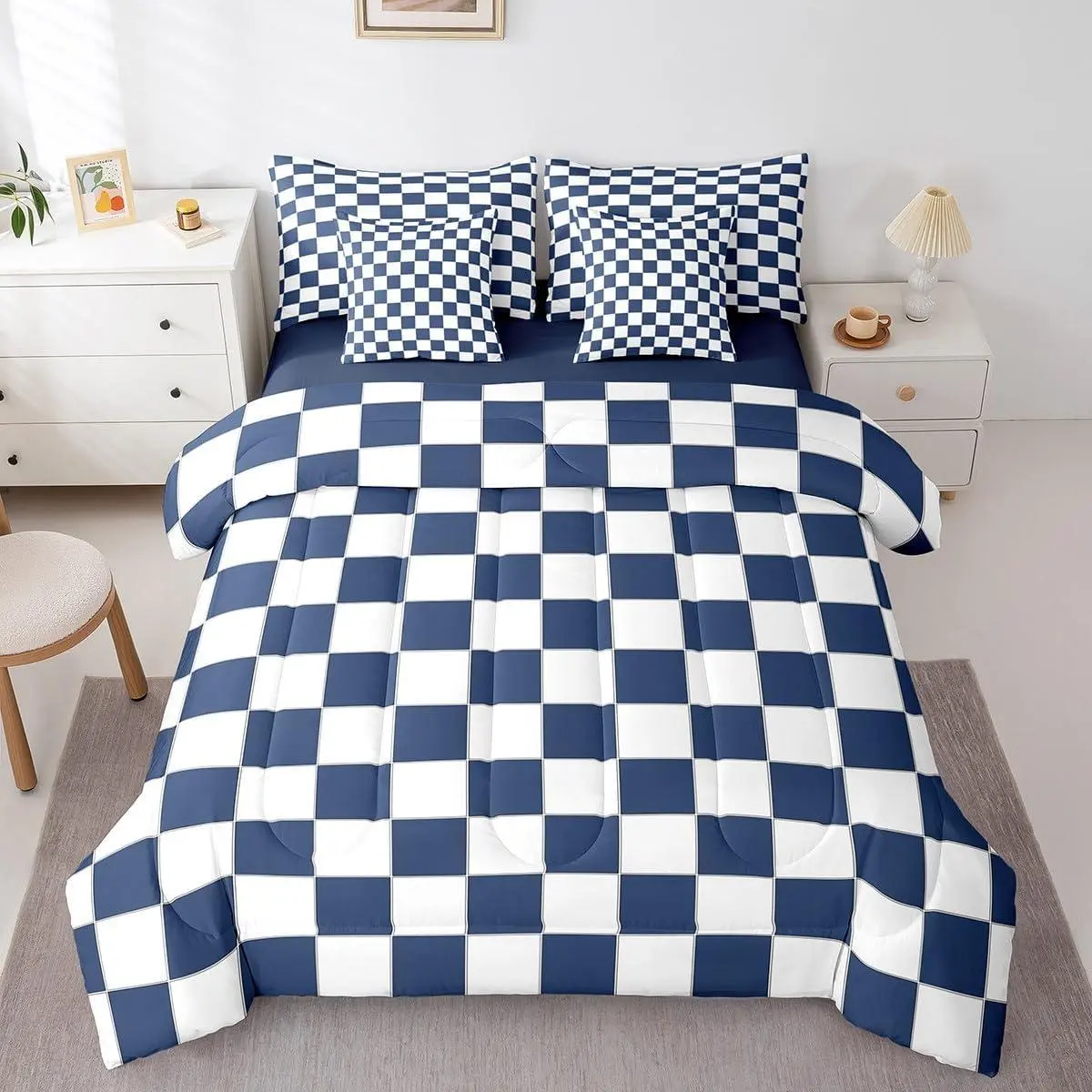 Feelyou 7-Piece Ultra-Soft White-Blue Plaid King Comforter Set with Sheets - Breathable Coastal Beach Checkerboard Geometric Bedding, All-Seasons Post-Grounding Modern Bedroom Bundle, Cozy Machine-Washable Blue Checkered Bedding Sets Collections