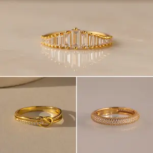 Pave Everyday Ring Set by Caitlyn Minimalist - Set of 3: Art Deco Diamond Ring, Dainty Knot Ring, & Pave Eternity Band - 18K Gold Plated Stacking Rings - Vintage Jewelry - Gift for Her