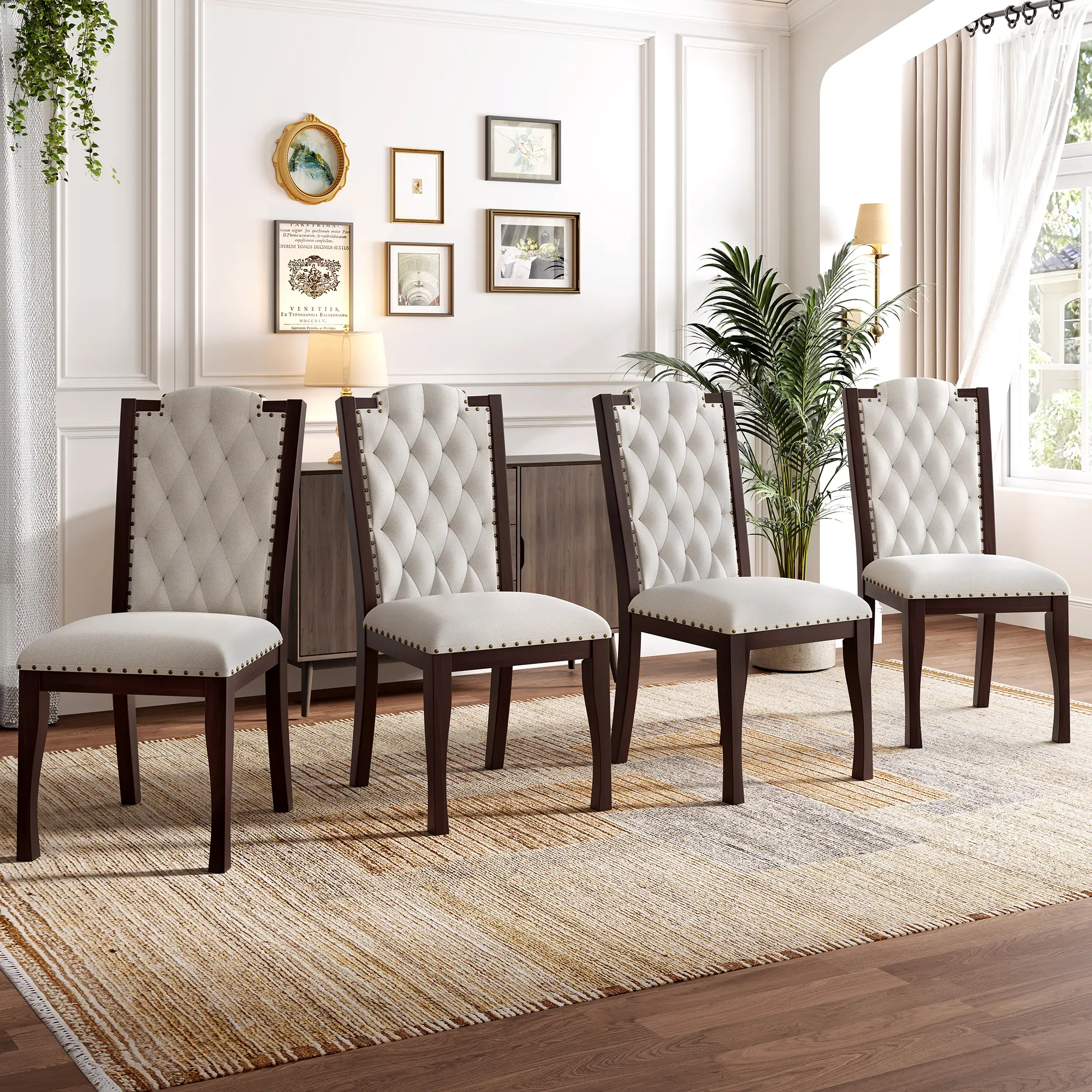 Glam Beige Espresso Armless Dining Chairs Set of 4 - Vintage Tufted Luxury High Back, Diamond Buttons, Breathable Linen Fabric, Solid Wood Legs, Nailhead Trim, 35min Assembly, Home Office Function - for Dining Room, Casual Restaurants