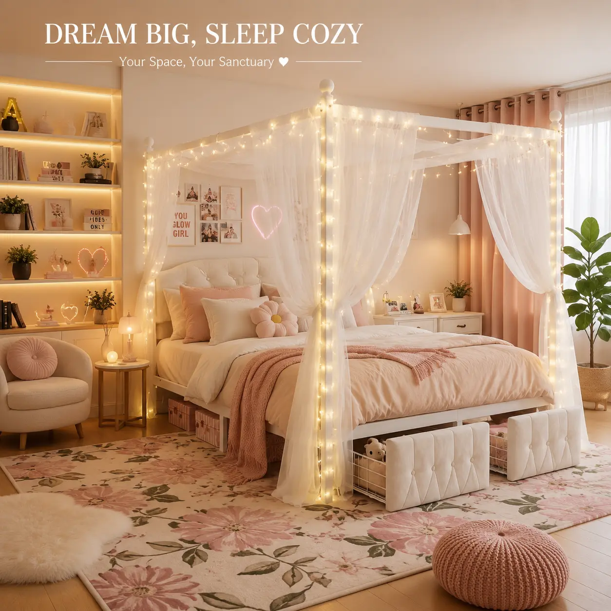 【Summerwins】Raybee Nesters Vintage Queen Size Canopy Bed Frame with 2 drawers & Upholstered Headboard,No Box Spring Needed,Noise-Free,Platform Bed with Sturdy Steel Slats Support,A dreamy shared bedroom for 2 Kids,Under-Bed Storage,Easy Assembly#Cocooners