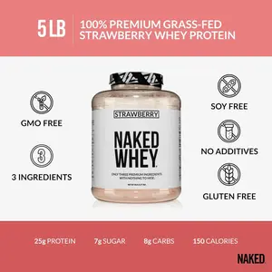 Naked Whey Strawberry Protein Powder - 5LB Grass-Fed, Non-GMO, No Additives, 25g Protein, 5.9g BCAAs - Only 3 Ingredients