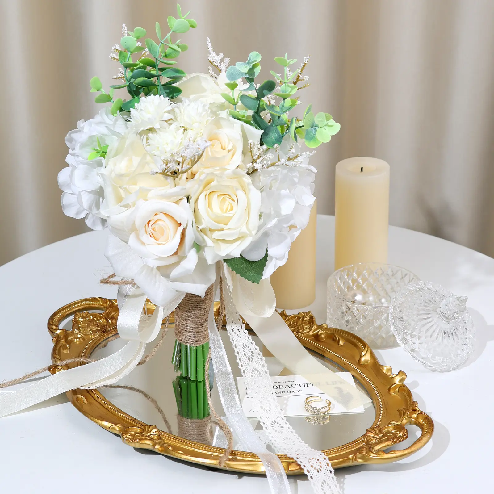 3pcs Plastic Artificial Flower Arrangement - Western Wedding Bride-Bridesmaid Handheld Bouquet with Lace Ribbon, Floral Decor for Church Ceremonies, Birthday, Anniversary, Box-Included Home Decor Props