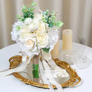 3pcs Artificial Flowers Western Wedding Bride Bridesmaid Handheld Bouquet Lace Ribbon Bouquet The Perfect Wedding Church Decoration Valentine's Day Brides and Bridesmaids Ceremonies Outdoor Photography Props