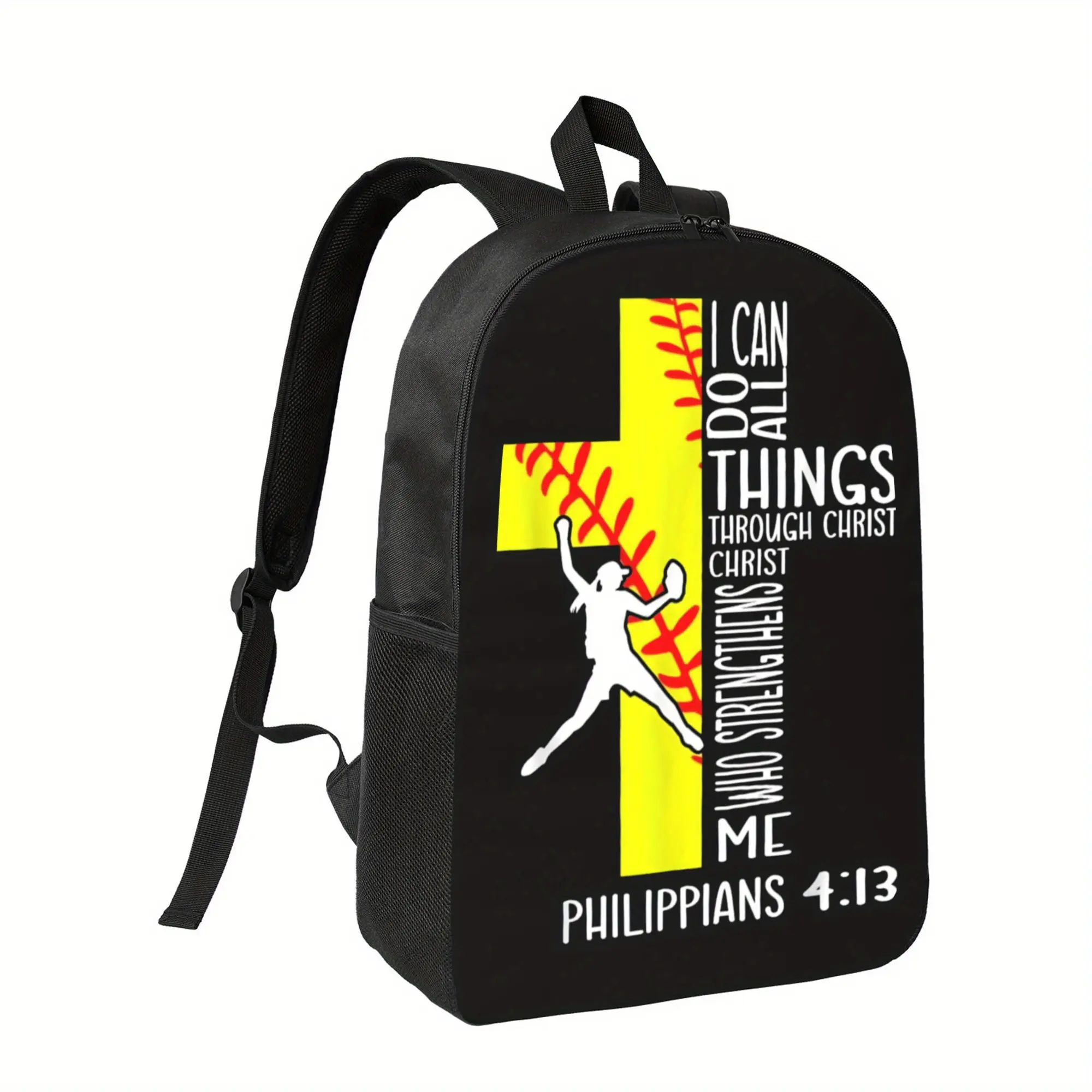 Best Trendy 4:13 Softball Christian Backpack - Lightweight Polyester with Adjustable Straps, Black & Yellow Baseball Design, Inspirational Scriptural Quote, Perfect for School or Sports, Backpack for School, For Teenager Boys  Supplies