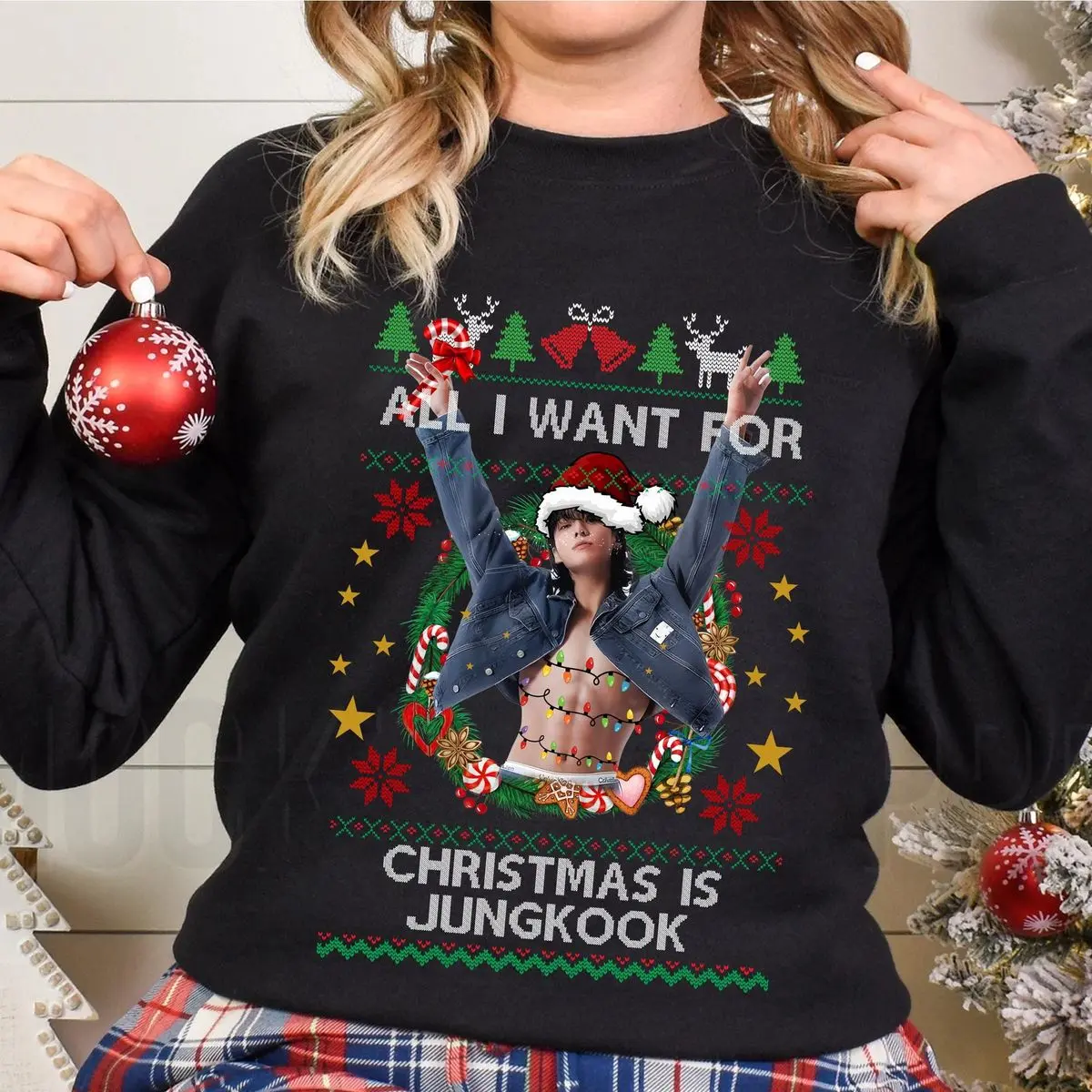 All I Want For Christmas Is Jungkook Sweatshirt, Kpop Ugly Sweater: Jungkook Christmas Hoodie, Unisex Sweater Pullover Tee