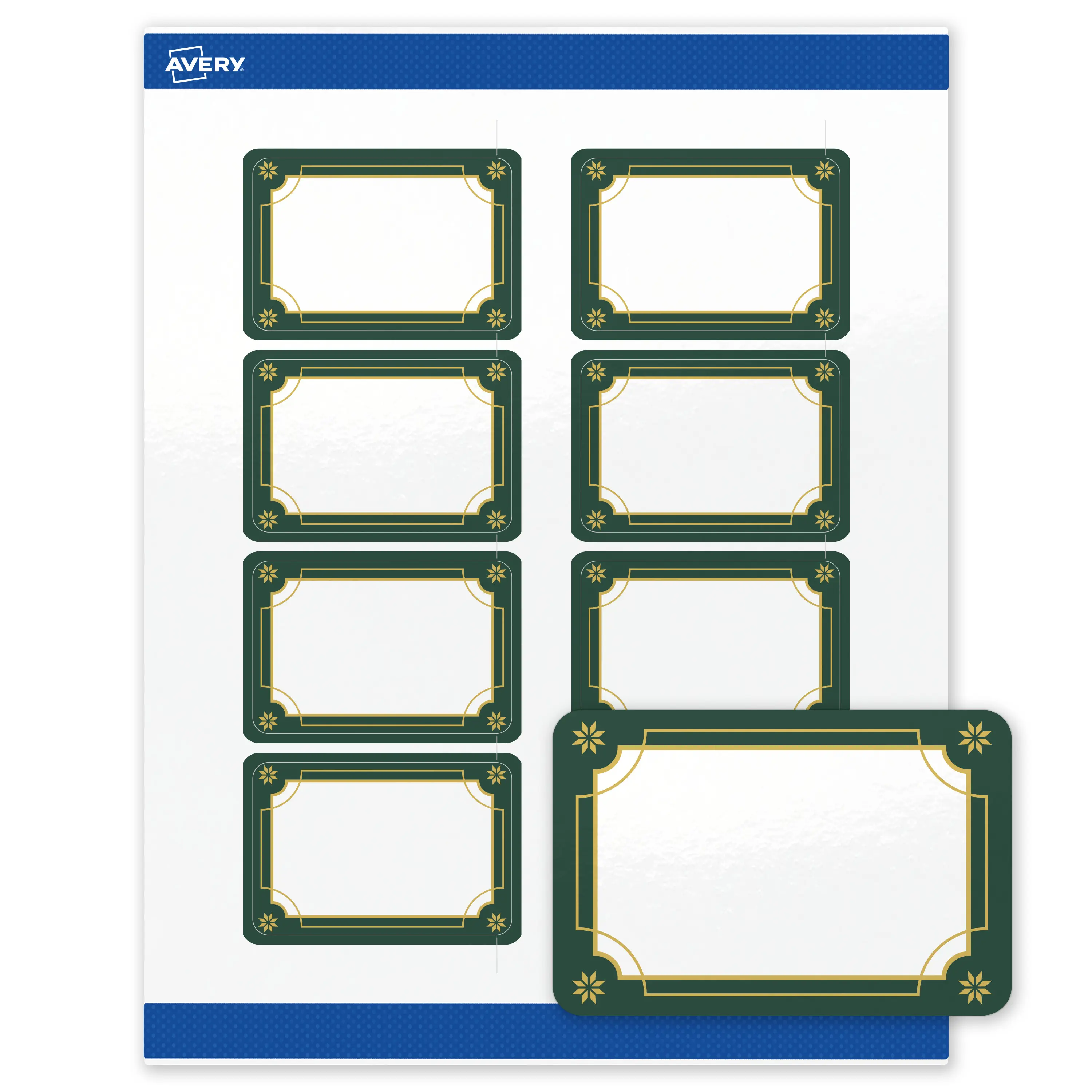 Avery® Printable Christmas Labels with Sure Feed® Technology, Rectangle, 2" x 3", Pre-Printed Green & Metallic Gold Border Design, Glossy White, Laser & Inkjet Compatible, 80 Total