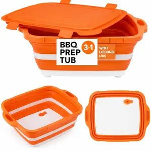 BBQ Prep Tub, 8L Collapsible BBQ Tub with Locking Lid, 3-IN-1 Large Cutting Board, Portable Food Prep Station for Kitchen and Camping, Perfect for Grilling, Smoking & Outdoor Cooking