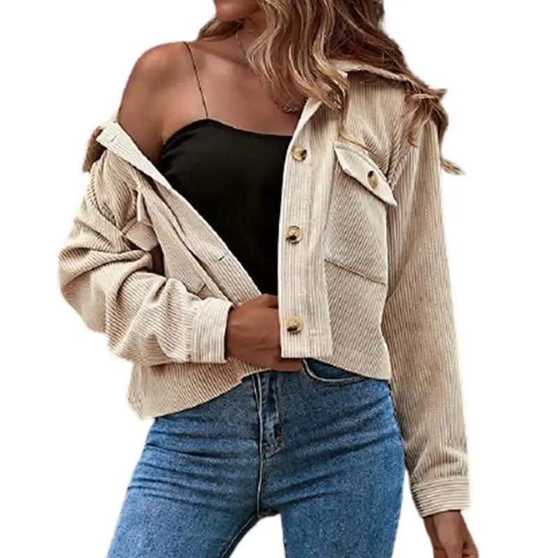 Women's Corduroy Cropped Shacket Y2K Vintage Button Front Jacket with Pockets Fall Winter Casual to Office Transition Essential for Layered Outfits Womenswear Bag Belt