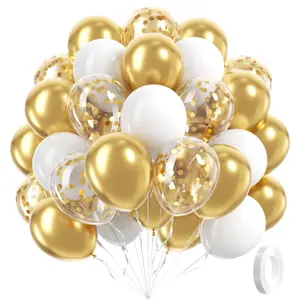 60 12-Inch Gold And White Balloons, Balloon Decorations Kit, With Gold Metallic Sequins, Suitable For Graduation Ceremonies, Weddings, Engagements, And Birthday Party Decorations, Balloon Arch Decoration, Backdrop