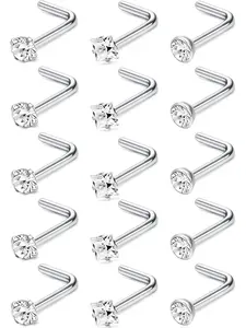 15pcs Minimalist Rhinestone Decor Nose Ring, L Shaped Screw Studs Rings, Stainless Steel Body Jewelry, Nose Piercing Jewelry for Men & Women, Nose Rings Set