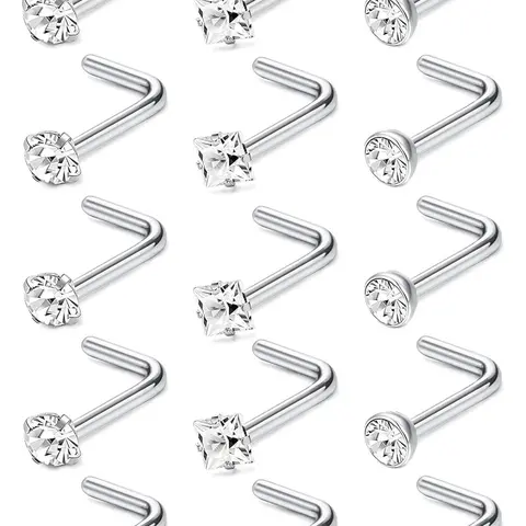 15pcs Minimalist Rhinestone Decor Nose Ring, L Shaped Screw Studs Rings, Stainless Steel Body Jewelry, Body Piercings, Nose Piercing Jewelry for Men & Women, Nose Rings Set