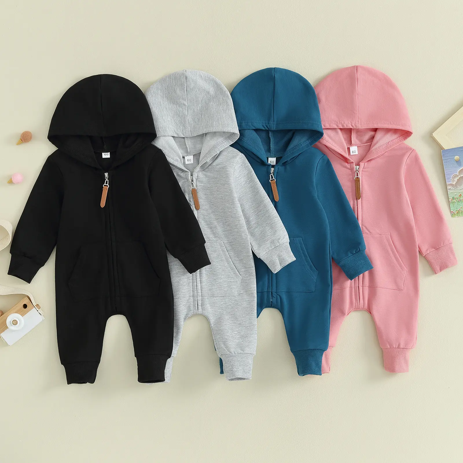 Newborn Baby Boy Girl Clothes Hooded Jumpsuit Solid Color Zip Up Long Sleeve Hoodie Romper Bodysuit Coverall Outfit