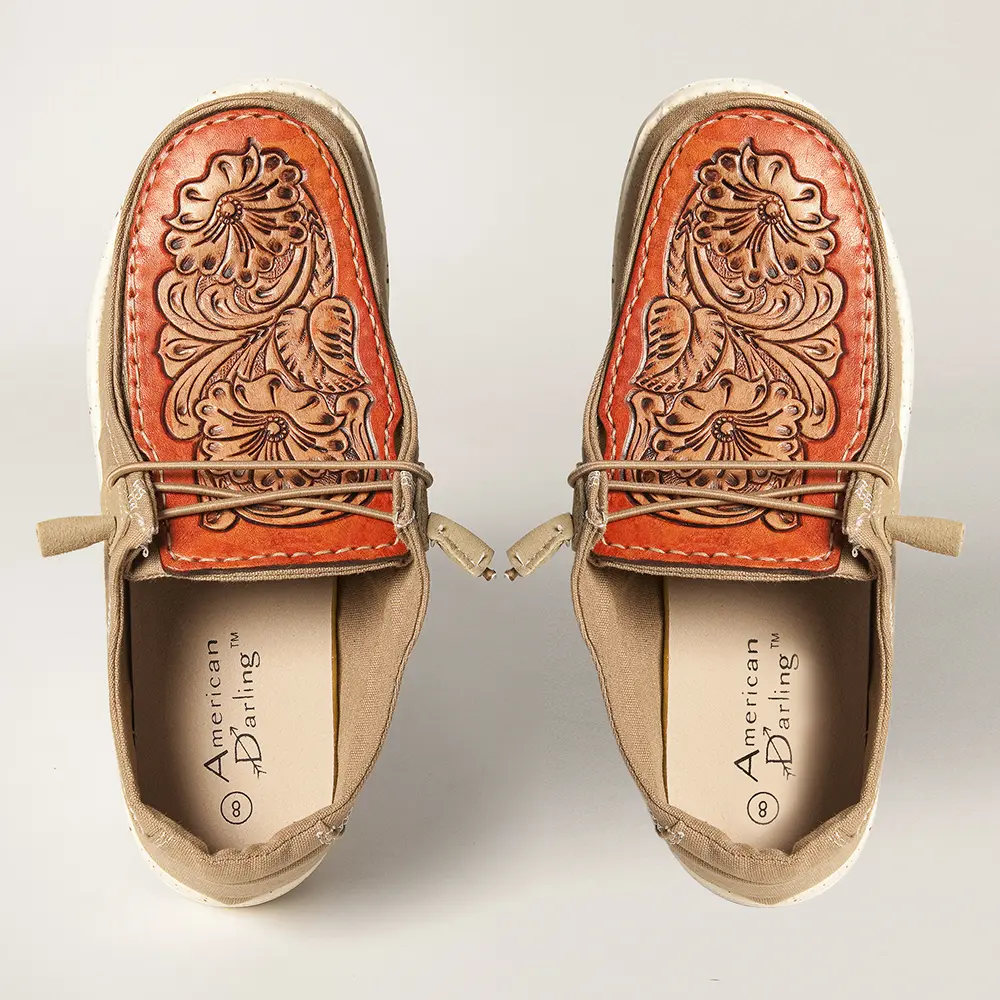 American Darling Hand tooled, carved genuine leather trim lightweight shoe footwear| Tooled Footwear | Slip On