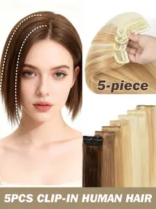 5pcs Clip-In Human Hair Extensions with Invisible Weft, Seamless Extensions, Real Human Hair Remy Double Weft Straight Hair Extensions for Add Volume, Darkest Brown to Jet Black, Natural Black for Women, Ideal for Halloween and Christmas Party