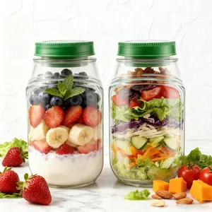 【FathersDayGift】Portable Transparent Leakproof Salad Jar with Side Opening, Dressing Cup & Lid, Microwave/Dishwasher/Freezer Safe Mason Jar for Office & Travel (Green1-2pcs)