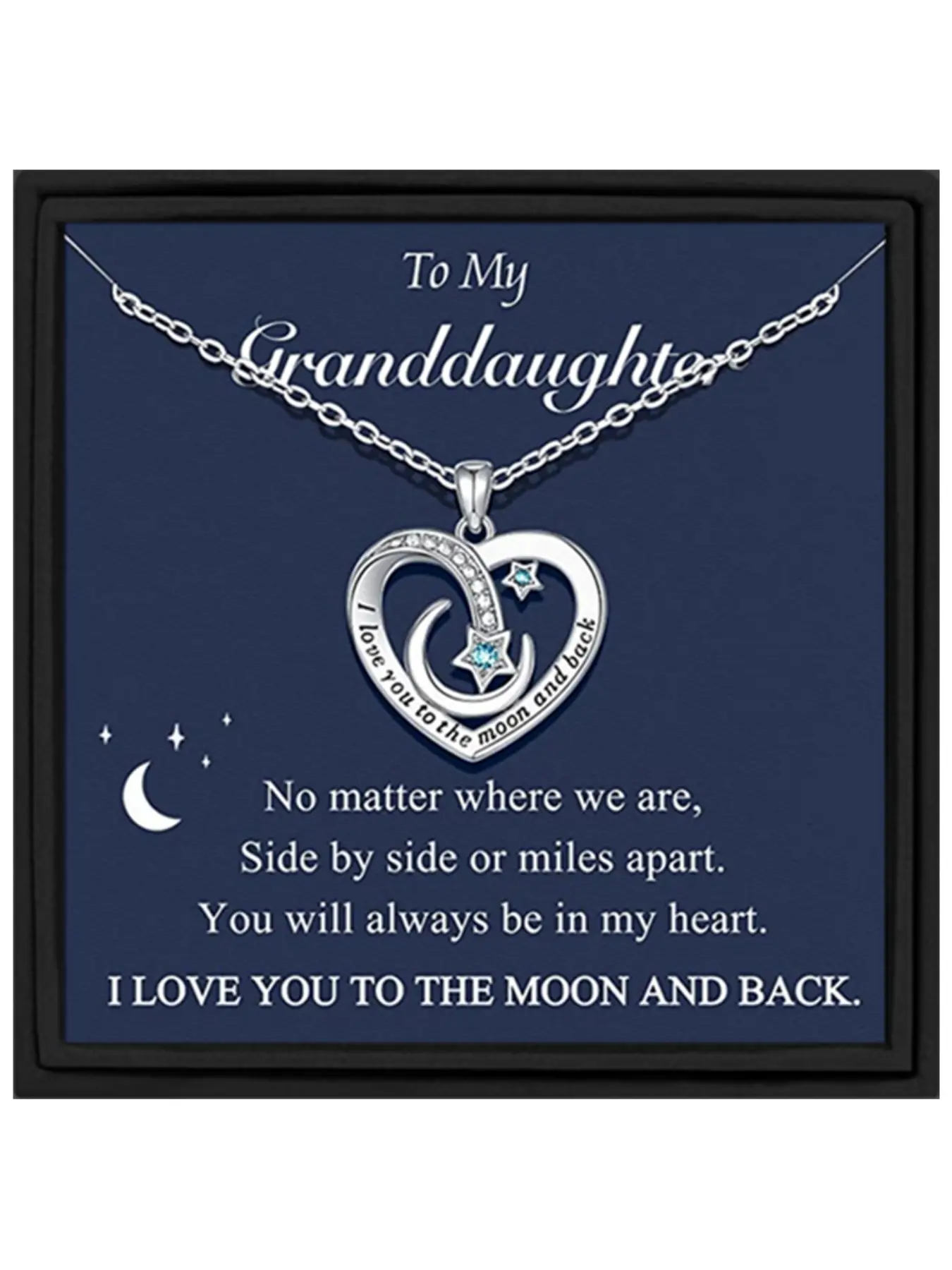 To My Granddaughter Heart Moon Pendant Necklace, I love you to the moon and back Romantic Jewelry Gifts for Granddaughter Heart Design Zirconia Inlaid Heart Necklace Heart Shaped Stainless Steel Chain Heart Pendant Necklaces