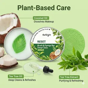 Herblight Makeup Brush & Sponge Cleaner, Tea Tree Oil 2-in-1 Solid Balm Cleanser with Built-in Silicone Pad, Deep Cleaning Brush Soap, Travel-Friendly (Rose & Tea Tree)