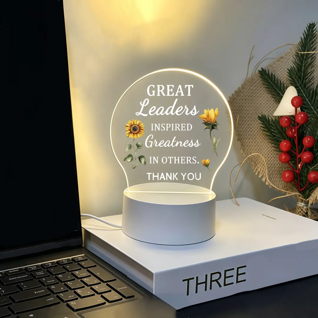 Bulb Shaped Sunflower Acrylic LED Table Lamp, Thank You Leader Inspirational Decor Light, Appreciation Gifts for Boss Supervisor Manager, USB Powered Office Desktop Decor Lighting