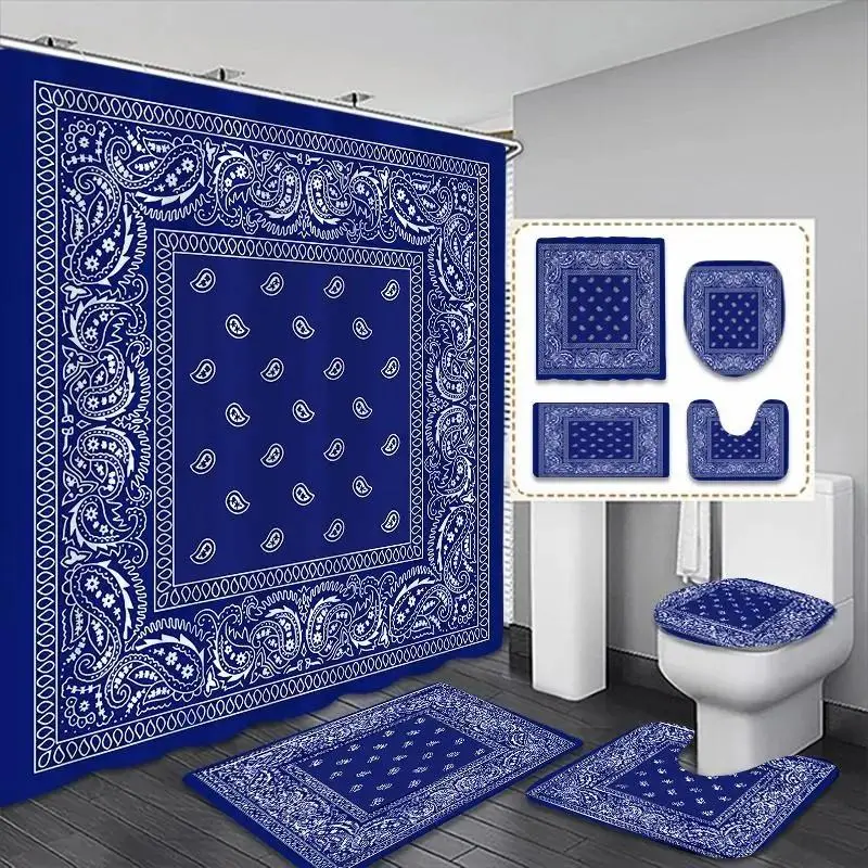 1/4pcs Blue Bohemian Style Shower Curtain Set, includes non-slip mat, U-shaped rug, and toilet seat cover. Perfect for bathroom decoration, partitioning, and beautifying the space. Comes with 12 shower curtain hooks.