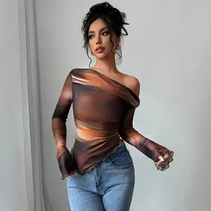 Women's Y2k Floral Print One Shoulder Long Sleeve Mesh Top Asymmetrical Hem Shirt