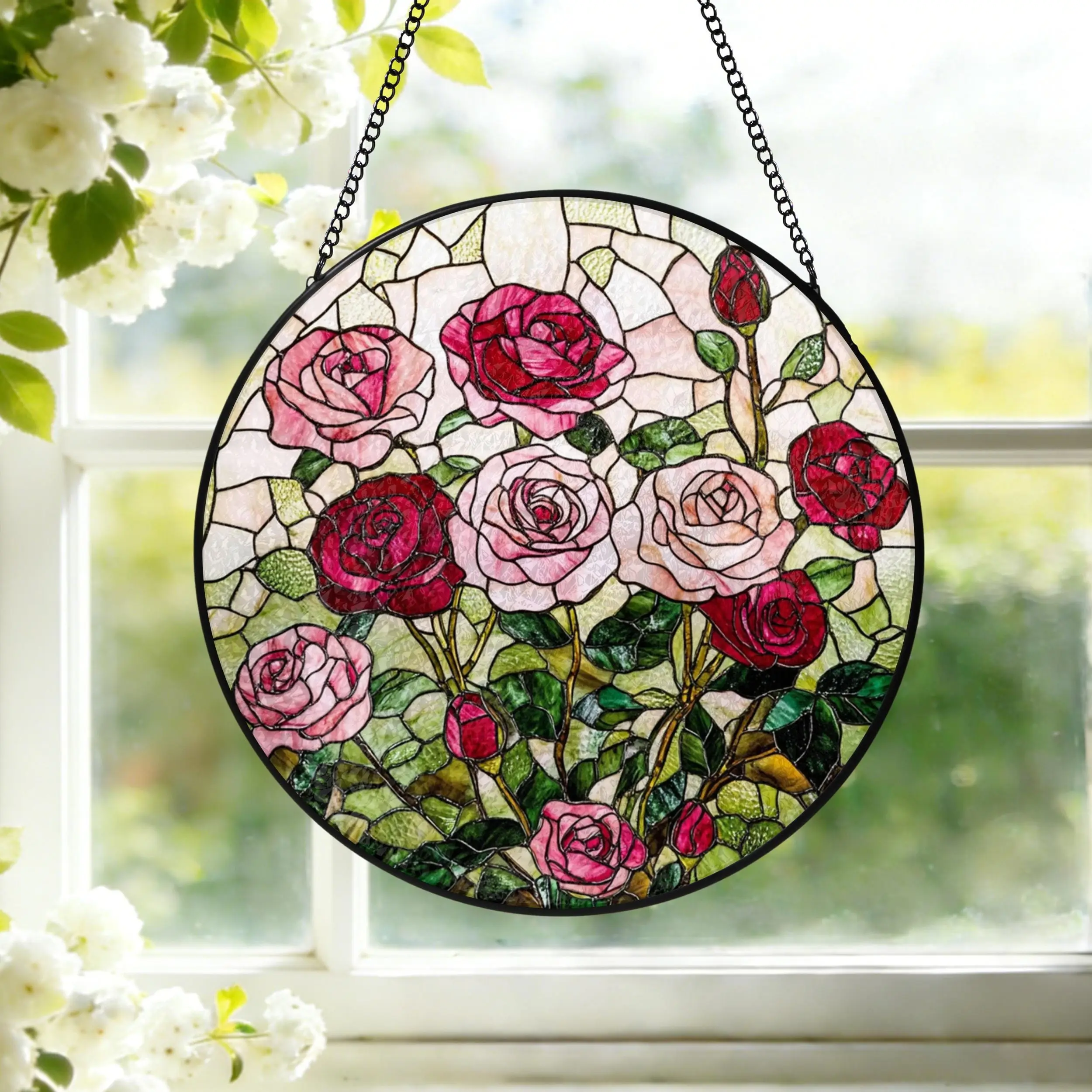 Rose Stained Glass Suncatcher Rose Window Hanging Pink and Red Rose Flower Garden Decor