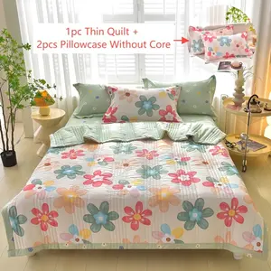 3pc Summer Quilt Set with Pillowcases, Ultra Soft Air Conditioning Blanket, Multicolor Striped Pattern, Suitable for Home Bedroom Sofa Hotel, Floral Print Quilt, Soft Bedding