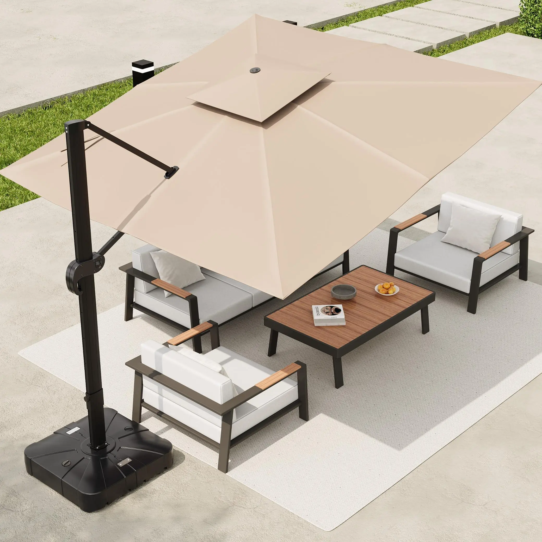 GAOMON 10x10 FT Square Outdoor Umbrella with Base, Cantilever Patio Umbrella with 360° Rotation & Adjustable Height, Heavy Duty Aluminum Umbrella Outdoor Patio for Garden Poolside,Khaki