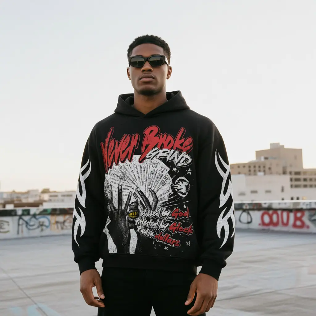 Sopula Studio Men's Never Broke God Glock Dollar Vintage Graphic Hoodie - Menswear Tops, Casual Fashion Long Sleeve Loose-Fit Multi-Print Sweatshirt, Casual Fashion Sweatshirt, Graphic Print Hoodie, Pullover, Vintage Print, 2Xl