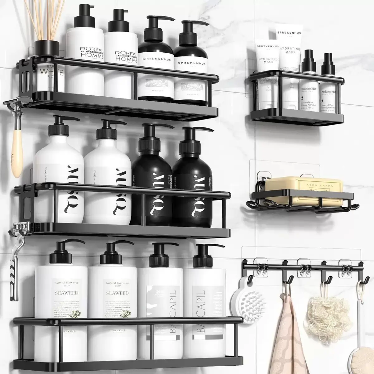 Shower Caddy, Rustproof Shower Shelves for Inside shower, No Drilling Bathroom Organizers and Storage, 6 Pack Large Capacity Bathroom Caddy for Kitchen & Home