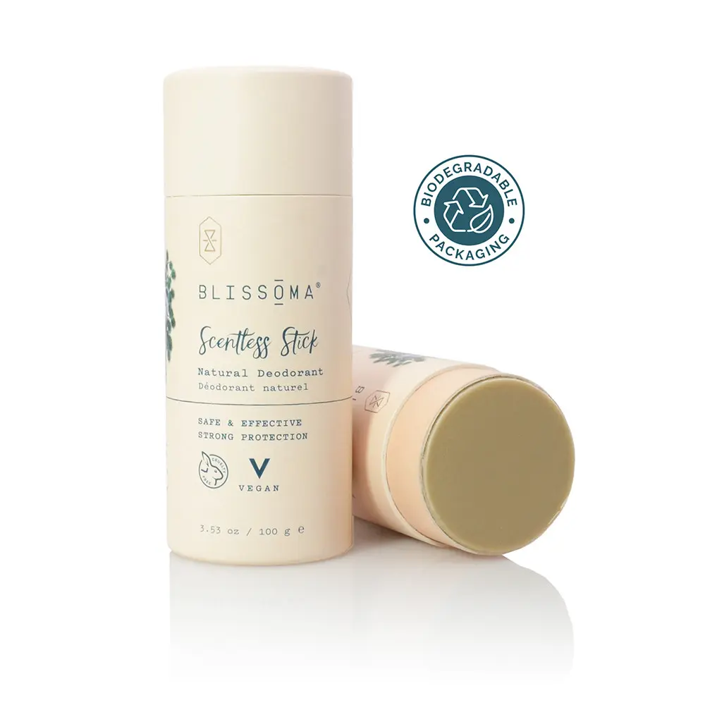 Blissoma Scentless Stick Solid Natural Deodorant - Organic Clay-Infused, Sensitive Skin Body Care for Teens, Strong Baking Soda Formula, Soft Texture, Compostable Packaging