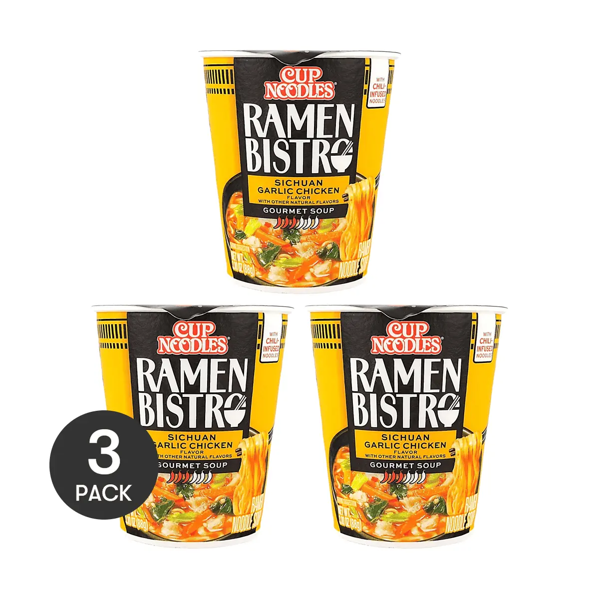 NISSIN Ramen Bistro Sichuan Garlic Chicken Flavor Cup Noodles - 3 Pack, 88g Each - Spicy Infused Noodles, Restaurant-Quality Taste
