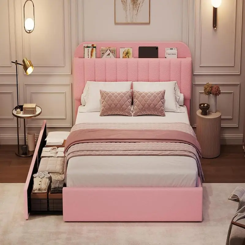 Gaomon Upholstered Platform Bedframe - Twin Size, Pink Boucle Upholstery, Silent Durable Metal Storage Headboard with 2 Wheeled Drawers, Bookcase Design, No Box Spring Needed