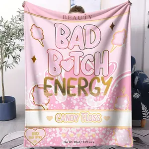 Playful Pink "Bad B*tch Energy" Candy Floss Print Flannel Blanket, Sweet Cotton Candy Collage Throw Blanket, Cozy Soft Warm Blanket for Bed & Couch, Bold Sassy Gift Blanket for Confident & Girly Style Enthusiasts, Soft Fluffy Blanket