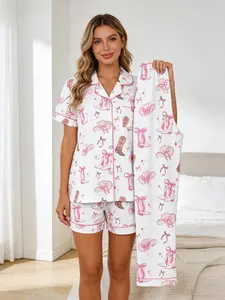 Women's 3 Piece Pajama Set, Button Front Top + Shorts + Long Pants, All Season Wearable, Pink Cowboy Boots Bow Print, Healing Relaxed Style, Cozy Sweet Home Loungewear, Pjs, Pyjamas
