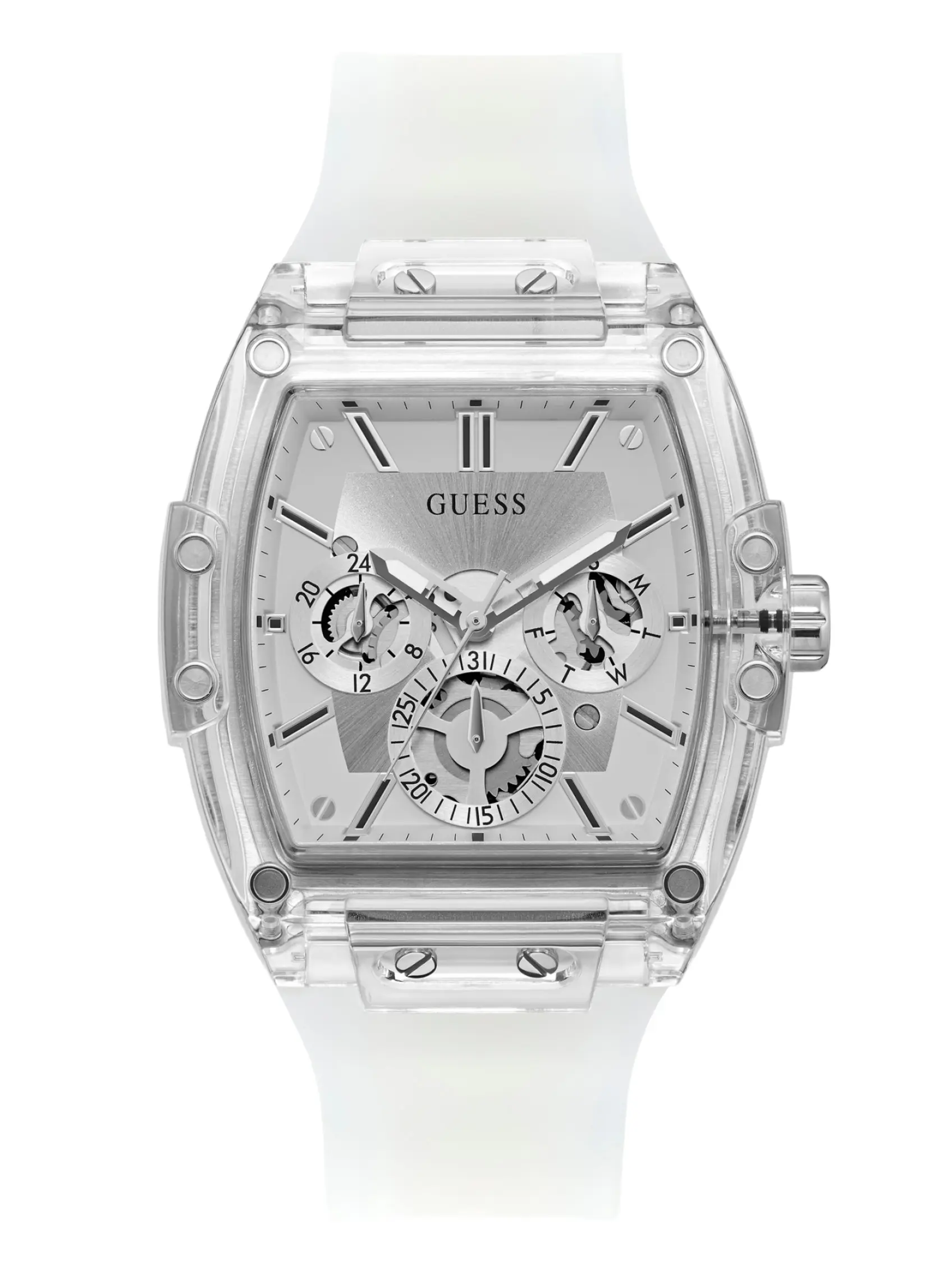 GUESS Male Transparent And Silver-Tone Multifunction Watch